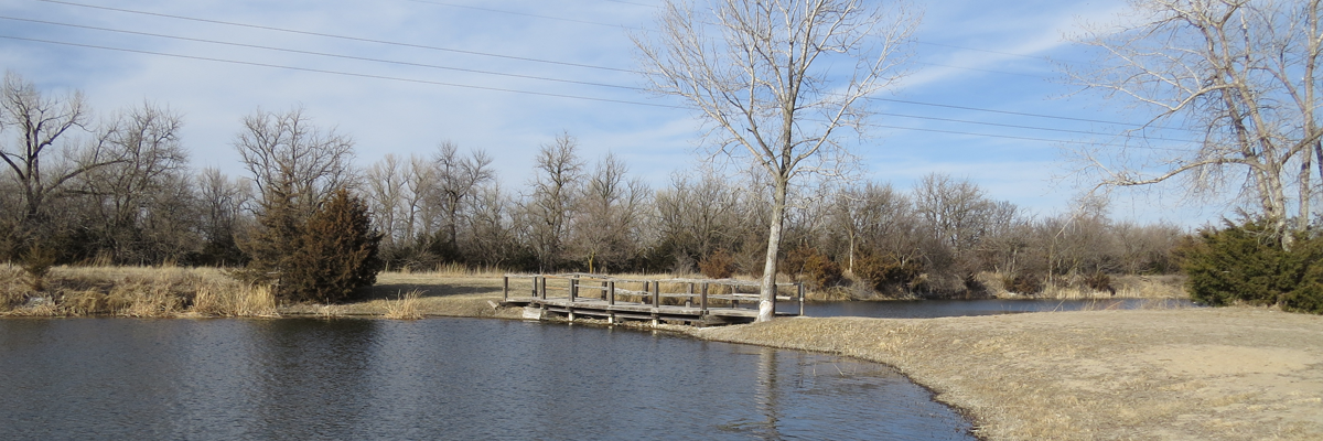 wooden bridge crossing over the center of a pond